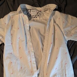 Denim & Flower White Button-Up Shirt with Pink Flamingo Print